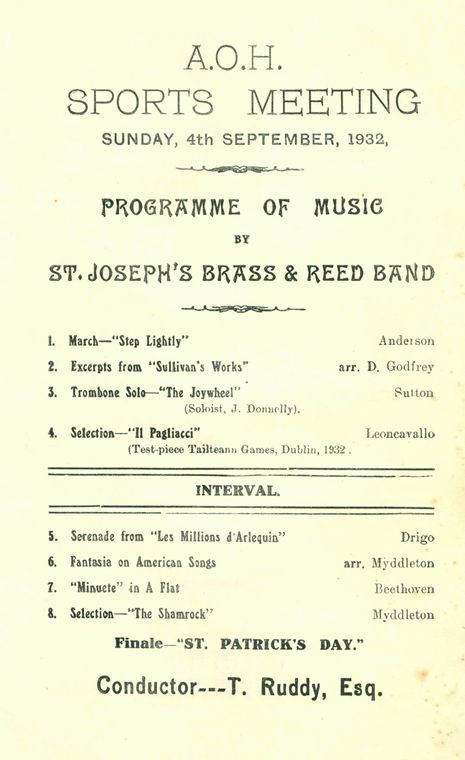Programme of music by St. Joseph’s Band to accompany a Sports Meeting organised by the Ancient Order of Hibernians at The Marshes, Newry, 4th September 1932 Newry and Mourne Museum Collection Programme of music by St. Joseph’s Band to accompany a Sports Meeting organised by the Ancient Order of Hibernians at The Marshes, Newry, 4th September 1932 Newry and Mourne Museum Collection