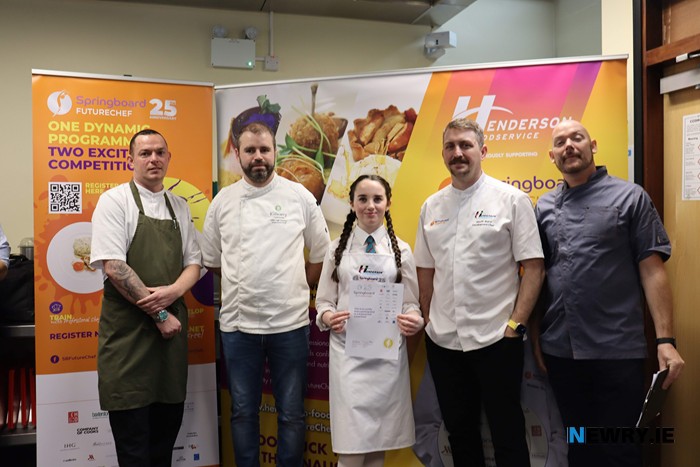 FutureChef competitor Sarah Moore from Banbridge Academy with John Clark, Head Chef at Slieve Donard, Darragh Dooley, Executive Head Chef at Killeavy Castle Estate, Geoff Baird, Executive Development Chef for Henderson Foodservice and Ciaran Sansome, Head Chef at the Seagoe Hotel