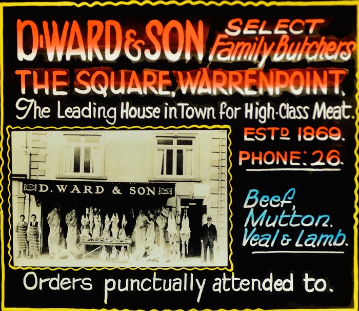 Another slide from the Garden Cinema in Warrenpoint advertising local businesses, 1930s. Newry and Mourne Museum Collection