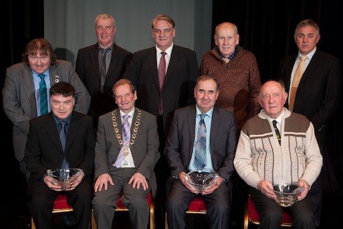 Mayor John McArdle along with Councillors, Brian Quinn, Sean Doran, Henry Reilly, Mick Murphy and William Burns are pictured with Award recipients, Ivan Graham (Valley Rangers), William Davey (Glassdrumman) and Hilary McGinness (Ballymartin). Mayor John McArdle along with Councillors, Brian Quinn, Sean Doran, Henry Reilly, Mick Murphy and William Burns are pictured with Award recipients, Ivan Graham (Valley Rangers), William Davey (Glassdrumman) and Hilary McGinness (Ballymartin).
